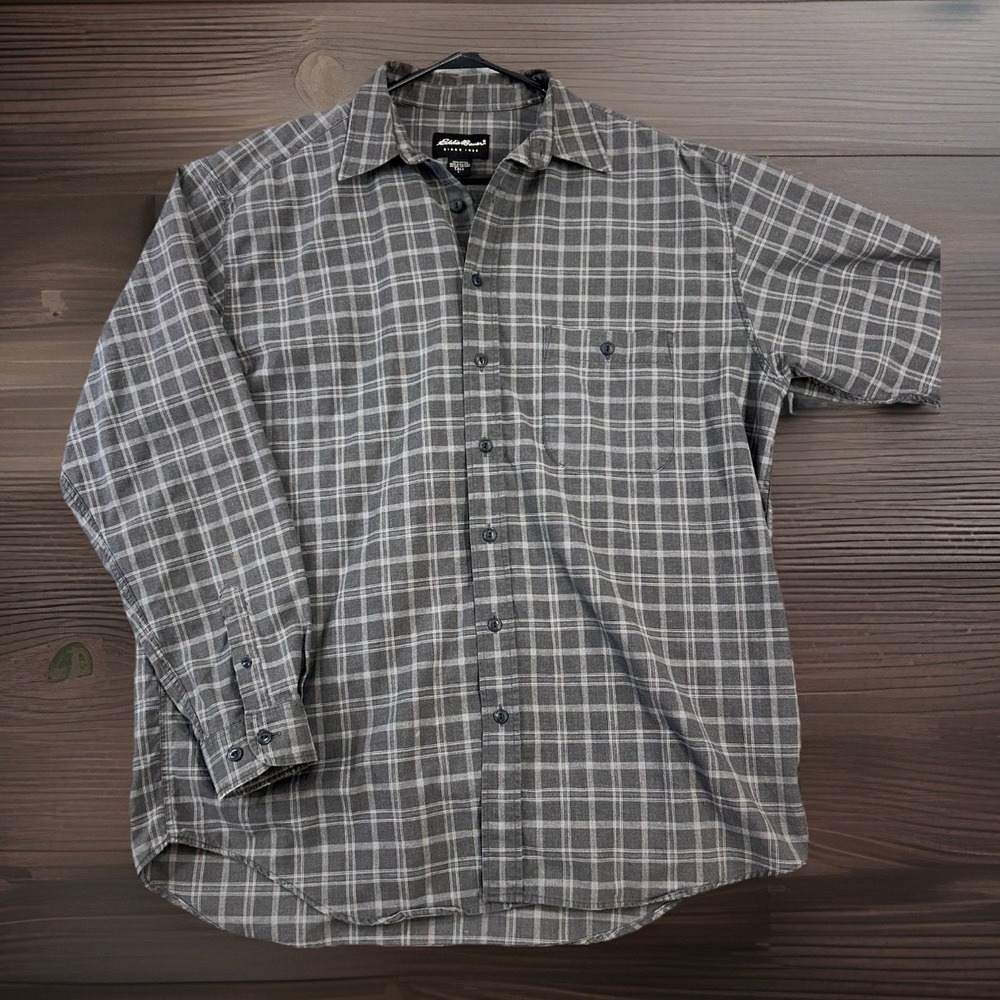 Eddie Bauer Mens Large Tall Gray Plaid Button Front Shirt 100% Cotton Pocket
